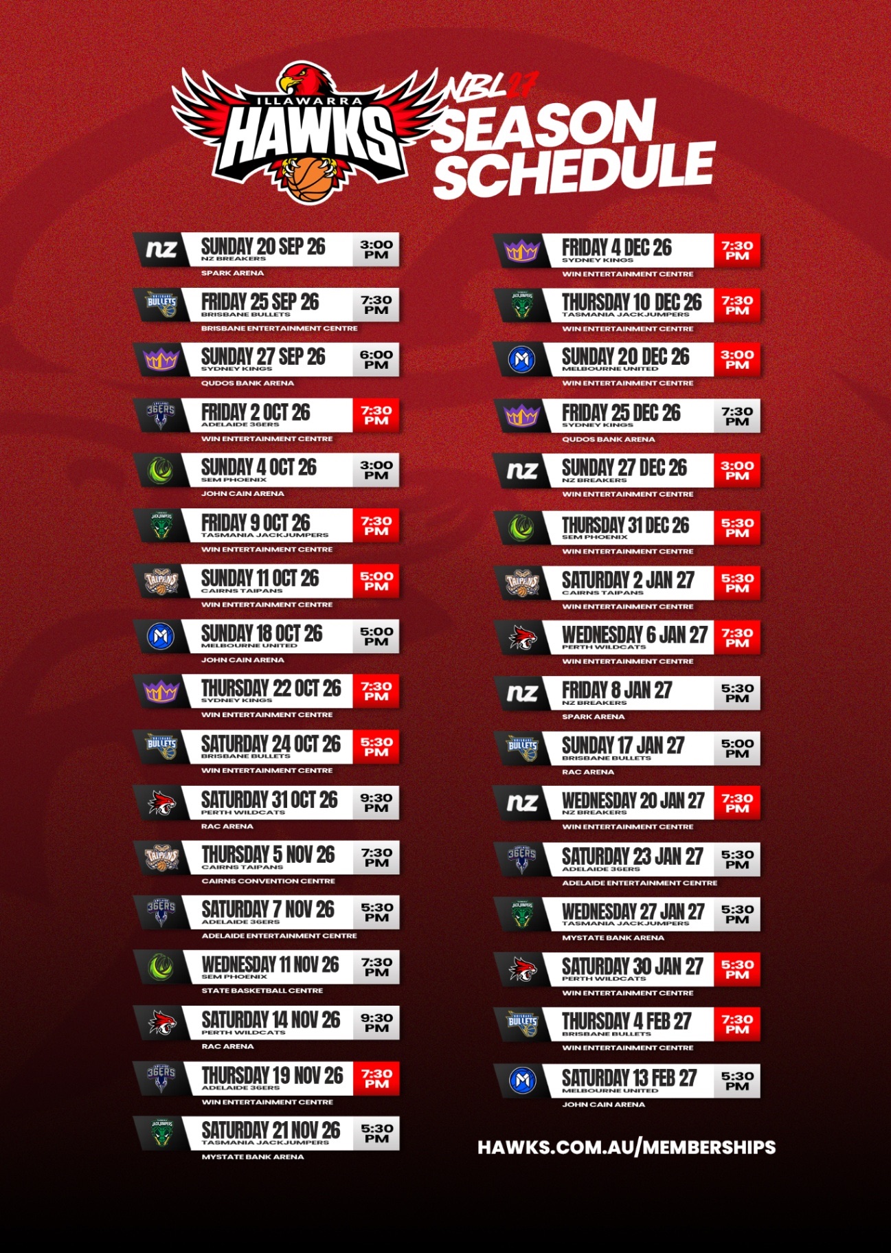 Illawarra Hawks NBL27 full season schedule, home and away